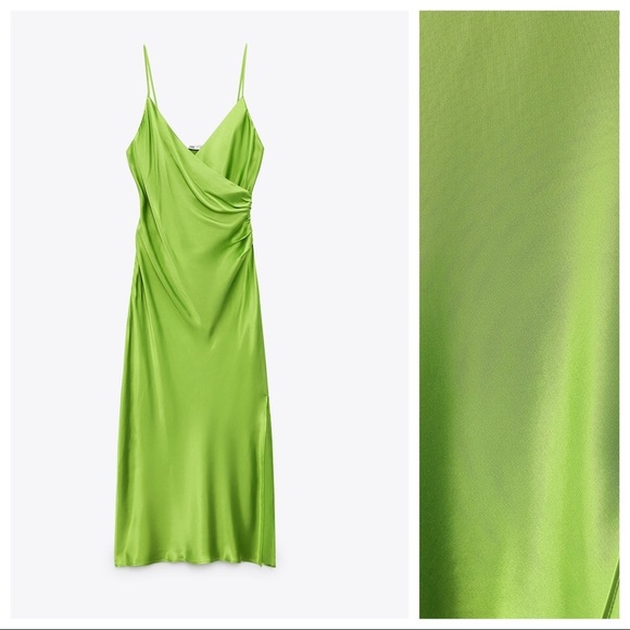 NWT. Zara Green Draped Lingerie-Style Flowy Mini Dress. Size S. - Picture 7 of 14